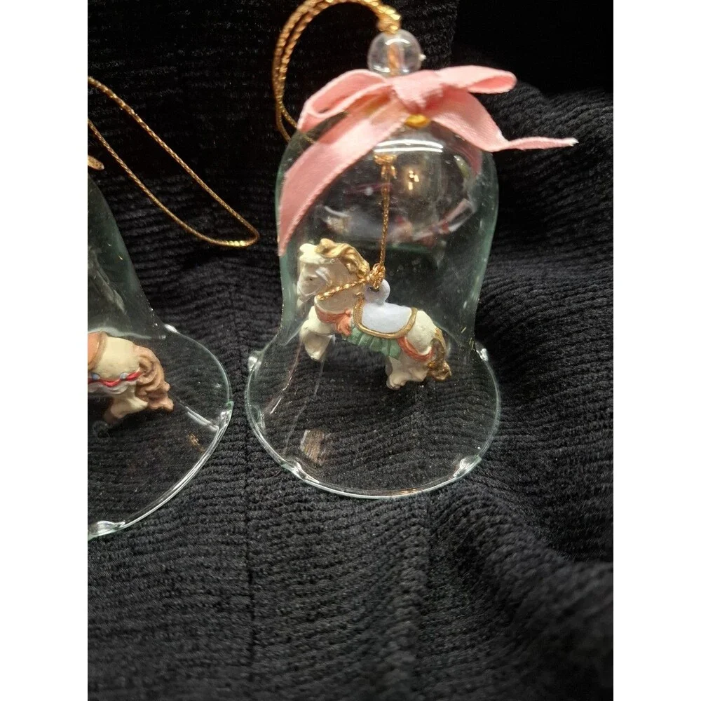 Vintage Clear Glass Bell Ornaments Carousel Horse Clapper Set 3 Christmas 3